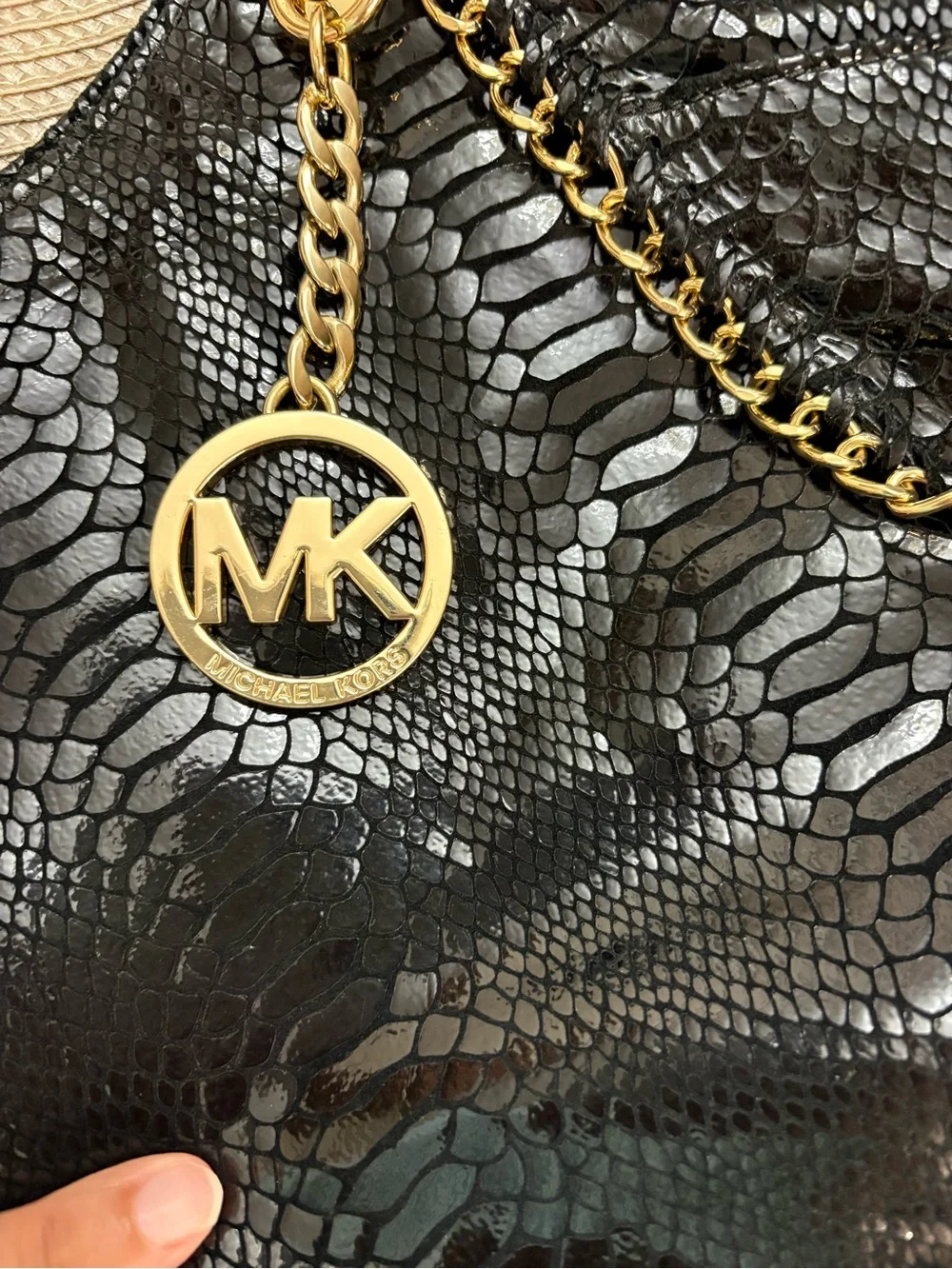Michael Kors Black Snake-Embossed Shoulder Tote with Gold Chain